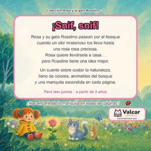 Contraportada con el resumen del cuento: Rosa, Rosalino y un conejito sentados en un prado de flores