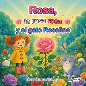 Portada de «Rosa, la rosa rosa y el gato Rosalino»: Rosa, con chubasquero amarillo, saluda junto a la rosa rosa y el gato Rosalino en un bosque lleno de rosas