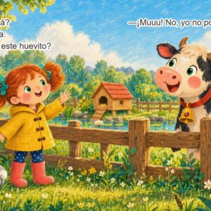 Páginas 10 y 11: Rosa pregunta a la vaca si el huevito es suyo