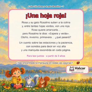 Contraportada de «Rosa, la hoja roja y el gato Rosalino» con el resumen del cuento