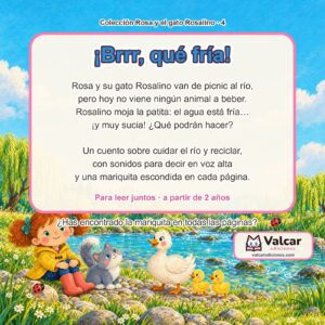 Contraportada de «Rosa, el río frío y el gato Rosalino» con el resumen del cuento